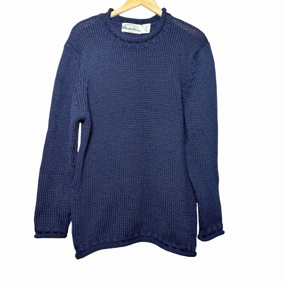 Vintage Aran Crafts Ireland 100% Wool Roll Neck Fisherman Sweater Mens M Navy